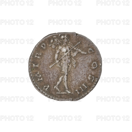 Denarius; Hadrian (76–138; Roman emperor 117–138); obverse: bust of Hadrian with laurel wreath facing right; rim inscription: IMPCAESARTRAIANHADRIANVSAVG; reverse: Mars striding right with spear and trophy; rim inscription: PM TR P COS III; dated 119–122; Roman Empire (27 BC–476), Rome; coin; diameter 17.0–18.0 mm; weight 3.52 g; attributes: spear, trophy; iconography: Hadrian.