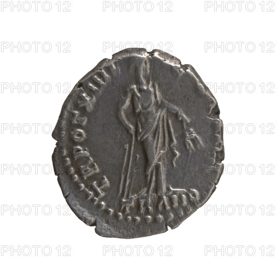 Denarius of Antoninus Pius (86–161; Roman emperor 138–161). Obverse: head of the emperor in a laurel wreath facing right, inscription ES T AEL HADR ANTONINV IVS PP. Reverse: Tranquillitas standing right, holding a rudder in her right hand and ears of corn in her left, inscription TR POT XIIII and episode TRANQ. Roman Empire, Rome, 150–151. Coin; diameter 16.5–18.5 mm, weight 3.07 g, axis 180°.