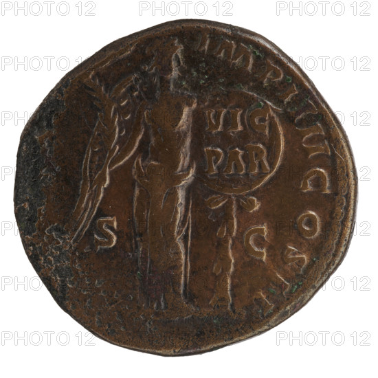 Sestertius of Lucius Verus (130–169; Roman emperor 161–169). Obverse: Head of Lucius Verus in a laurel wreath facing right, legend 'L VERVS AVG - ARM PARTH MAX'. Reverse: Victoria stands right, holds a palm branch in her right hand, supports her left on a round shield inscribed 'VIC / PAR', attached to the trunk of a palm tree; legend 'TR POT VI - IMP IIII COS II'. Fields bear 'S - C'. Date: 165–166. Roman Empire (27 BC–476). Coin. Diameter 29.5–31.0 mm; weight 28.40 g.