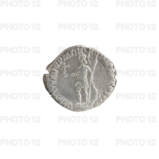 Denarius, Commodus (reigned 177–192). Obverse: Head of Commodus in a laurel wreath facing right, inscription 'M COMM ANT P - FEL AVG BRIT' all around. Reverse: Virtus standing left, holding a statuette of Victoria in his right hand and a spear and shield in his left, inscription 'VIRTVT AVG PM TR P XII IMP VIII COS V PP' all around. Date: 186–187. Roman Empire. Rome. Coin; silver. Diameter: 16.5–18.5 mm. Weight: 2.95 g. Axis: 180°.