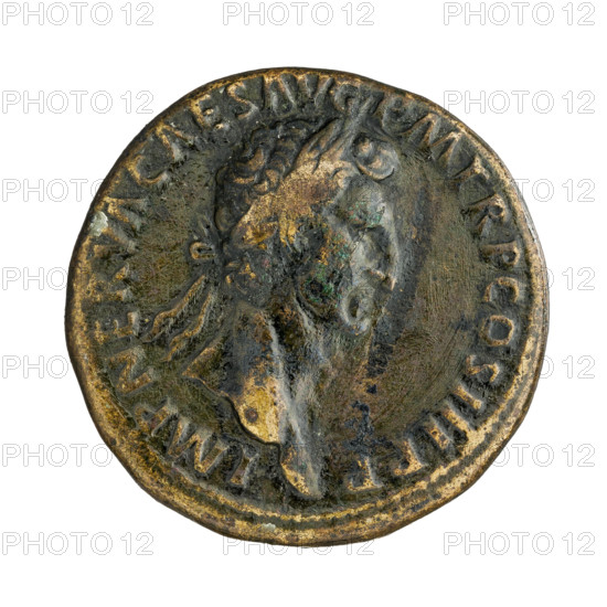sestertius, Nerva (Roman Emperor ; 96-98), laurel wreaths, mules, carts; Nerva (Roman Emperor ; 96-98) - iconography. Obv. IMP NERVA CAES AVG PM TR P COS III PP — Nerva's head within a laurel wreath at right. Rw. VEHICVLATIONE ITALIAE REMISSA — Two mules facing in opposite directions; below SC., 97. Rome, Roman Empire (27 BC–476), coin; diameter 33.4–33.6 mm, weight 24.30 g, axis 180°.