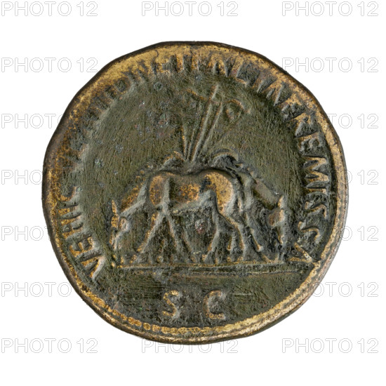 sestertius, Nerva (Roman Emperor; 96–98), laurel wreaths, mules, carts; Nerva (Roman Emperor; 96–98) – iconography. Obv. IMP NERVA CAES AVG PM TR P COS III PP: Nerva's head within a laurel wreath at right. Rw. VEHICVLATIONE ITALIAE REMISSA: Two mules facing in opposite directions; below SC. 97, Rome, Roman Empire (27 BC–476), coin, dia. 33.4–33.6 mm, weight 24.30 g, axis 180°