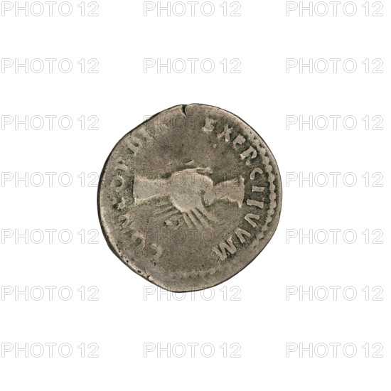 Denarius, Nerva (Roman Emperor; 96–98). Obverse: Nerva's head in a laurel wreath at right with inscription 'IMP NERVA CAES AVG PM TR P COS III PP'. Reverse: CONCORDIA EXERCITVVM, two joined hands. 97 CE, Rome, Roman Empire (27 BCE–476 CE). Silver coin, diameter 18.0 mm, weight 2.75 g, axis 180°.