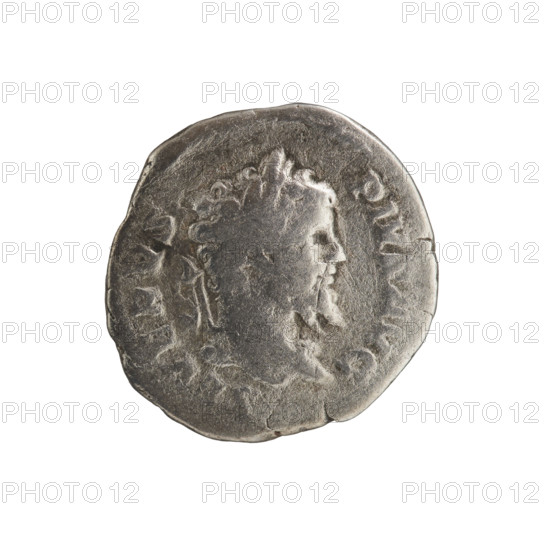 Denarius depicting Jupiter; Septimius Severus (Roman emperor, 146–211). Obverse: SEVERVS PIVS AVG — emperor's head with laurel wreath right, pearl rim. Reverse: PM TR P X II COS II C P P — naked Jupiter standing facing left holding a thunderbolt in his right hand and a scepter in his left; an eagle at his feet, pearl rim. Date: 205. Roman Empire (27 BC–476), Rome. Coin; diameter 18.5 mm, weight 2.88 g, axis 0°.