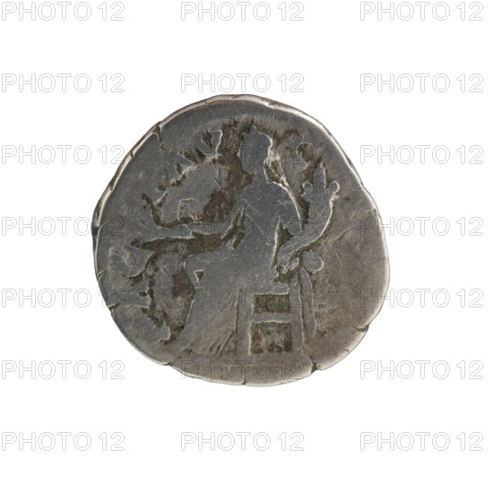 Denarius, Pax (personification), Septimius Severus (Roman Emperor; 146–211) — iconography: branch (attribute), cornucopia (attribute). Obverse: ERTAVG, emperor's head with a laurel wreath facing right. Reverse: PAC I AV, Pax seated facing left with a branch in his right hand and a cornucopia in his left. Date: 194–198. Roman Empire (27 BC–476), Rome. Coin, weight 2.73 g; diameter 17.0–18.0 mm; axis 0°.