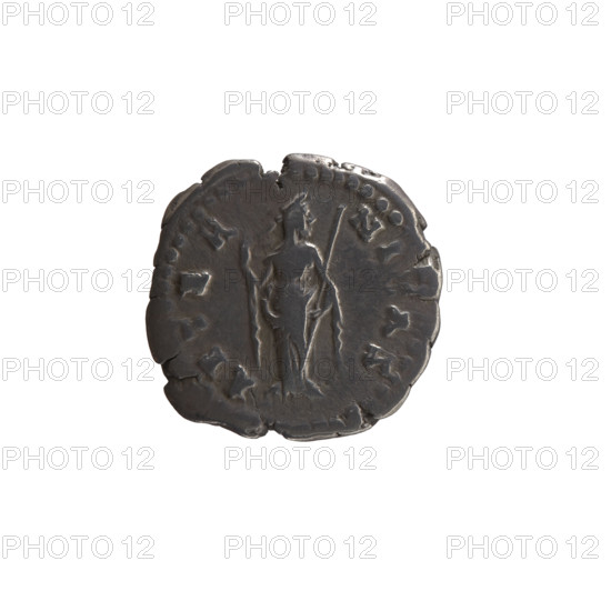 Denarius, posthumous issue showing Faustina the Elder (98–141; Roman empress 138–141) and Antoninus Pius (86–161; Roman emperor 138–161). Obverse: Bust of Faustina I in drapery facing right, legend 'IV, AVG - FAVS' (all around). Reverse: Female deity (Venus? Juno?) stands frontally with head turned right, holding a long scepter in her left hand and revealing her veil with her right hand, legend 'AETER - NI, AS' (all around). After 141 CE, Roman Empire (27 BC–476), Rome. Coin; silver. Diameter: 18.5–19.5 mm; weight: 3.15 g; axis: 180°.