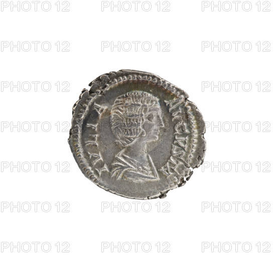 denarius, Julia Domna (ca. 160–217; Roman empress 193–211), Septimius Severus (Roman emperor; 146–211), Julia Domna (Roman empress; 193–217) — iconography; Cybele (mythology), lions, busts, branches, busts of empresses, scepters. Obv. IVLIA AVGVSTA: bust of Julia Domna to right, pearl rim. Rev. MATER DEVM: Cybele seated on a throne facing left between two lions, holding a branch in her right hand and a scepter in her left, pearl rim. Date: 196–211. Roman Empire (27 BC–476), Rome. Coin: denarius; diameter 19.7 mm; weight 2.69 g; axis 180°.