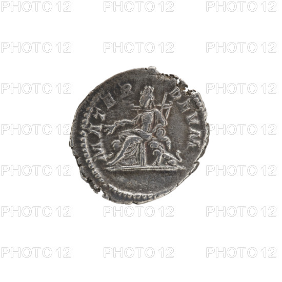 Denarius depicting Julia Domna (ca. 160–217), Roman empress (193–211); obv. IVLIA AVGVSTA — bust of Julia Domna right, pearl rim; rev. MATER DEVM — Cybele seated on a throne facing left between two lions, holding a branch in her right hand and a scepter in her left, pearl rim. Roman Empire, 196–211, Rome. Coin: silver denarius, diameter 19.7 mm, weight 2.69 g, axis 180°.