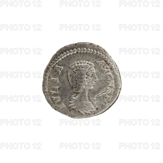 Denarius, Julia Domna (ca. 160–217; Roman empress 193–211), Septimius Severus (Roman emperor; 146–211). Obverse: IVLIA AVGVSTA — Bust of Julia Domna to right, pearl rim. Reverse: HILARITAS — Hilaritas stands facing left with a palm branch in her right hand and a cornucopia in her left, pearl rim. Date: 196–211. Roman Empire (27 BC–476), Rome. Coin; diameter 19.3 mm; weight 3.00 g; axis 0°.