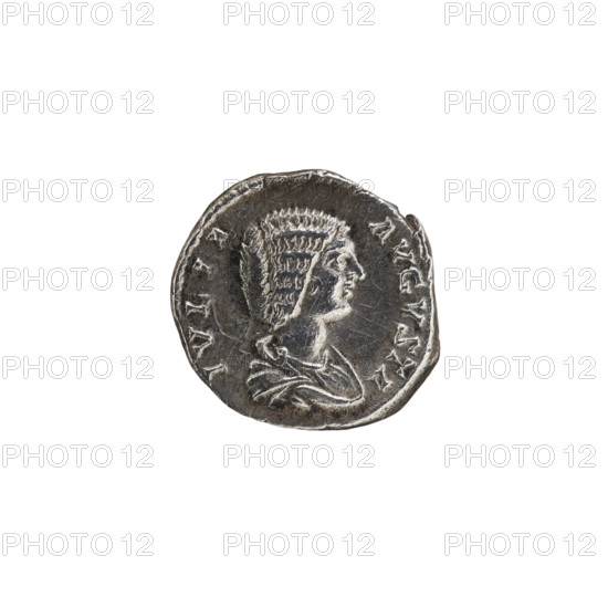Denarius, Julia Domna (ca. 160–217; Roman empress 193–211), Septimius Severus (Roman emperor; 146–211). Obverse: IVLIA AVGVSTA — bust of Julia Domna right, pearl rim. Reverse: PVDICITIA — Pudicitia seated facing left, pearl rim. Seated Pudicitia (personification). Busts; busts of empresses. Date: 196–211. Roman Empire (27 BC–476), Rome. Coin: diameter 18.7 mm, weight 3.13 g, axis 180 degrees.