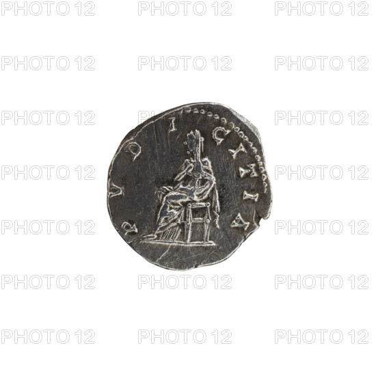 Denarius, Julia Domna (ca. 160–217; Roman empress 193–211); Septimius Severus (Roman emperor; 146–211). Obverse: IVLIA AVGVSTA — bust of Julia Domna right, pearl rim. Reverse: PVDICITIA — Pudicitia seated facing left, pearl rim. Features: busts, seated Pudicitia (personification), busts of empresses. Date: 196–211 CE, Roman Empire (27 BC–476). Rome. Coin; diameter 18.7 mm; weight 3.13 g; axis 180°.