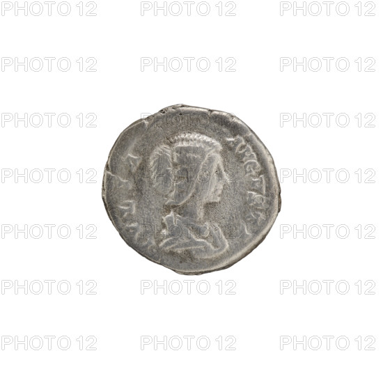 Denarius, Julia Domna (ca. 160–217; Roman empress 193–211) and Septimius Severus (Roman emperor; 146–211). Obv.: IVLIA AVGVSTA — bust of Julia Domna right, pearl rim. Rev.: SAECVLI FELICITAS — Isis feeding Horus right; behind her an altar, pearl surround. Isis and Horus iconography; busts of empresses; Isis nursing; altars. Date: 196–211, Rome, Roman Empire (27 BC–476). Coin; diameter 18.7 mm, weight 3.23 g, axis 0°.