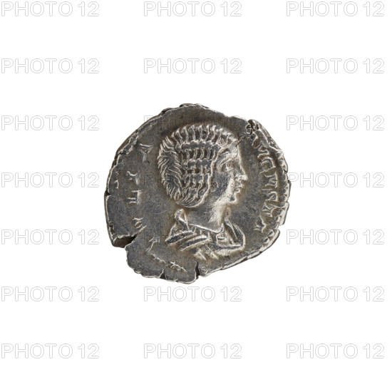 denarius, Julia Domna (ca. 160–217; Roman empress 193–211), Septimius Severus (Roman emperor; 146–211). Obverse: bust of Julia Domna right, legend AV. IVLIA AVGVSTA, beaded border. Reverse: SAECVLI FELICITAS; Isis feeding Horus right with her foot on a ship's prow; altar and rudder behind, beaded border. 196–211 CE, Roman Empire; Rome. Coin (denarius): diameter 18.8 mm, weight 3.15 g, axis 180°.