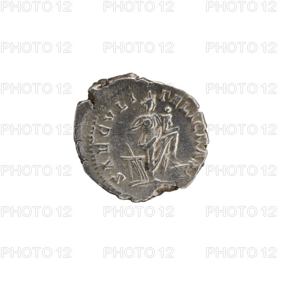 denarius, Julia Domna (ca. 160–217; Roman empress 193–211), Septimius Severus (Roman emperor; 146–211). Obverse: AV. IVLIA AVGVSTA — bust of Julia Domna r., pearl rim. Reverse: SAECVLI FELICITAS — Isis feeding Horus r. with her foot on a ship's prow; behind her an altar and rudder, pearl rim. Date: 196–211. Roman Empire (27 BC–476), Rome. Coin: diameter 18.8 mm, weight 3.15 g, axis 180°.