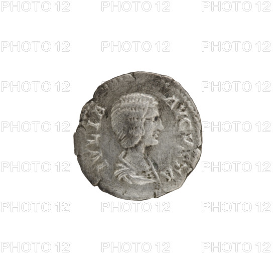 Denarius, Julia Domna (ca. 160–217; Roman empress 193–211), Septimius Severus (Roman emperor; 146–211). Obverse: IVLIA AVGVSTA — bust of Julia Domna right. Reverse: IVNO — Juno stands facing left with a patera in her right hand and a scepter in her left; at her feet peacock. Date: 196–211, Rome, Roman Empire. Coin; diameter 18.4 mm, weight 3.36 g, axis 0°.