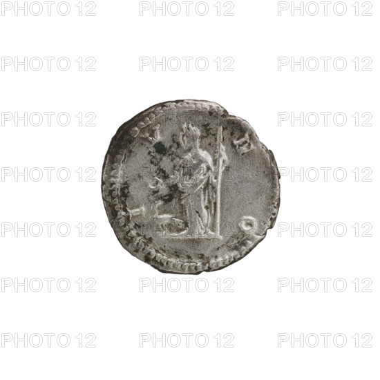 Denarius depicting Julia Domna (ca. 160–217), Roman empress (193–211). Obverse: 'IVLIA AVGVSTA' — bust of Julia Domna right. Reverse: 'IVNO' — Juno stands facing left, holding a patera in her right hand and a scepter in her left; a peacock at her feet. Date: 196–211, Rome, Roman Empire. Coin; diameter 18.4 mm, weight 3.36 g, axis 0°.