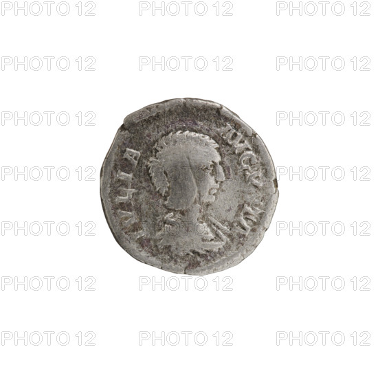 Denarius, Julia Domna (ca. 160–217; Roman empress 193–211), Septimius Severus (Roman emperor; 146–211). Obverse: IVLIA AVGVSTA — bust of Julia Domna right, pearl rim. Reverse: PVDICITIA — Pudicitia veiled, seated, right hand on breast, left hand grasping scepter, pearl rim. Iconography: Pudicitia (personification), busts of empresses. Date: 196–211. Culture/place: Roman Empire (27 BC–476), Rome. Object: coin; diameter 18.4 mm; weight 3.12 g; axis 180 degrees.