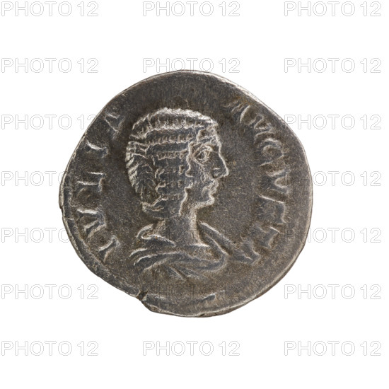 Denarius, Julia Domna (ca. 160–217), Roman empress (193–211); Septimius Severus (emperor; 146–211). Obverse: IVLIA AVGVSTA — bust of Julia Domna right, pearl border. Reverse: HILARITAS — Hilaritas standing facing left, palm branch in right hand and cornucopia in left; a small human figure on both sides, pearl border. 196–211 CE, Roman Empire (Rome). Coin: diameter 19.3 mm, weight 3.24 g, axis 180°.