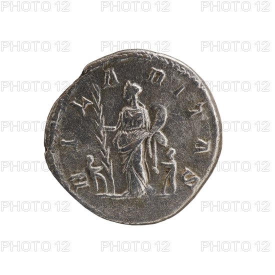Denarius, Julia Domna (ca. 160–217), wife of Septimius Severus; Roman Imperial coin (196–211 CE). Obverse: IVLIA AVGVSTA — bust of Julia Domna right, pearl border. Reverse: HILARITAS — Hilaritas standing facing left, palm branch in right hand and cornucopia in left; a small human figure on each side, pearl border. Coin: diameter 19.3 mm, weight 3.24 g, axis 180°.