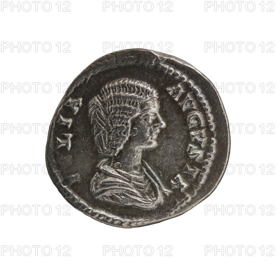 Denarius of Julia Domna (ca. 160–217). Obverse: Bust of Julia Domna right, pearl rim, inscription IULIA AVGVSTA. Reverse: Pietas standing facing left with raised arms before an altar, pearl rim, inscription PIETAS PVBLICA. Roman Empire, 196–211 CE. Coin: silver denarius, diameter 19.5 mm, weight 2.33 g, axis 0°. Subjects/iconography: Julia Domna; Septimius Severus; standing Pietas (personification); busts of empresses; altars.