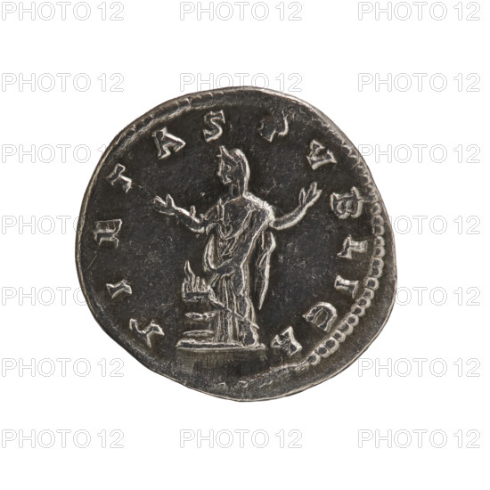 Denarius, Julia Domna (ca. 160–217; Roman empress 193–211). Obverse: IULIA AVGVSTA — bust of Julia Domna right, pearl rim. Reverse: PIETAS PVBLICA — Pietas standing facing left with raised arms before an altar, pearl rim. Date: 196–211 CE, Roman Empire (27 BCE–476 CE), Rome. Coin: diameter 19.5 mm, weight 2.33 g, axis 0°.
