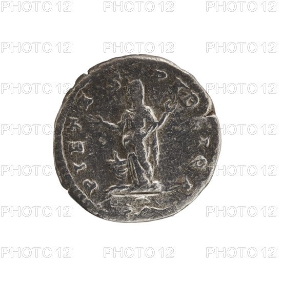Denarius of Julia Domna (ca. 160–217), Roman empress (193–211). Obverse: bust of Julia Domna right, pearl rim, inscription 'IVLIA AVGVS'. Reverse: Pietas (personification) standing facing left with raised hands before an altar, pearl rim, inscription 'PIETA S PVBLICA'. Roman Empire, 196–211. Coin: diameter 17.7 mm, weight 2.99 g, axis 180°.