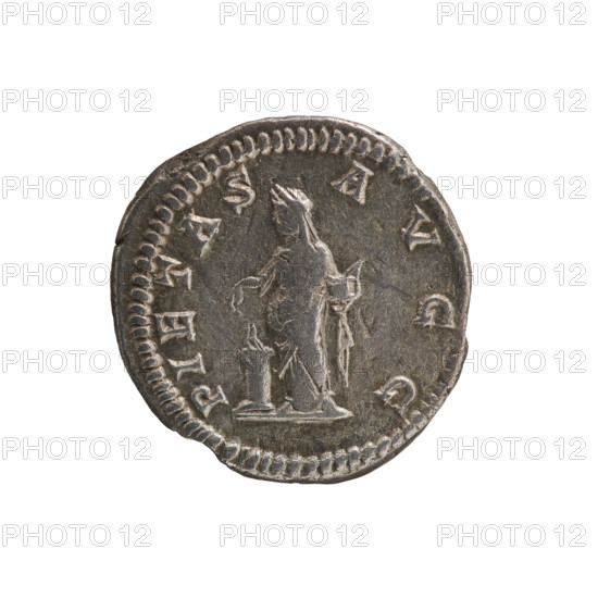 Denarius, Julia Domna (ca. 160–217), coin, Roman Empire (196–211). Obverse: IVLIA AVGVSTA — bust of Julia Domna facing right, pearl rim. Reverse: PIETAS AVGG — Pietas standing left, pouring incense on a burning altar with right hand and holding a ciborium in left, pearl rim. Rome. Coin: diameter 18.0 mm, weight 2.62 g, axis 0°.