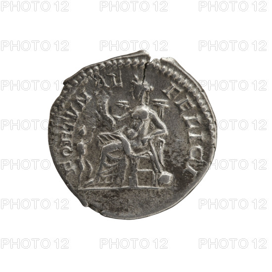Denarius of Julia Domna (ca. 160–217; Roman empress 193–211), Roman Empire, c. 196–211. Obverse: Bust of Julia Domna right, pearl rim, legend I LIA AVGVSTA. Reverse: FORTVNAE FELICI — Fortuna seated left with a cornucopia in her right hand and a rudder on a globe in her left; in front of her a child raising his hands toward her, pearl rim. Coin: diameter 18.5 mm, weight 2.39 g, axis 180°.