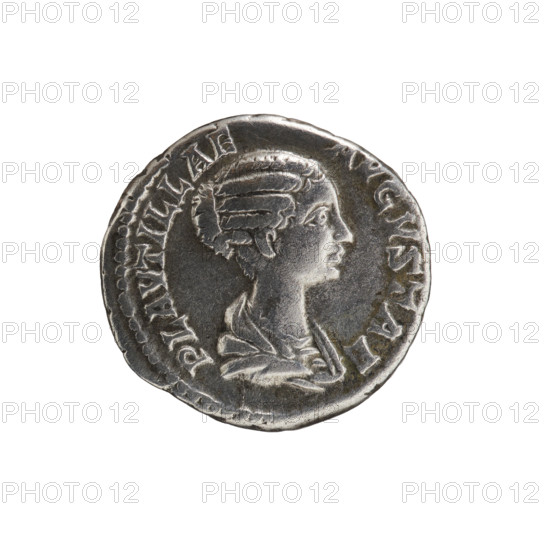 denarius, Plautilla (ca. 185–212; Roman empress 202–205), Caracalla (Roman emperor; 188–217) — iconography; busts; Caracalla and Plautilla shaking hands; busts of empresses. Obv.: PLAVTILLAE AVGVSTAE — Bust of Plautilla facing right, hair in waves, tied back in a bun, pearl border. Rev.: CONCORDIA AETERNA — Caracalla on the right and Plautilla on the left shaking hands, pearl border. Date: 202–205 CE, Roman Empire (27 BC–476), Rome. Coin: silver denarius; diameter 17.0–17.5 mm; weight 3.09 g; axis 180°.
