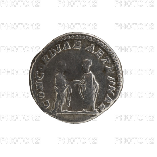denarius, Plautilla (ca. 185–212; Roman empress 202–205), Caracalla (Roman emperor; 188–217) - iconography, busts, Caracalla and Plautilla shaking hands, busts of empresses. Obv.: PLAVTILLAE AVGVSTAE Bust of Plautilla facing right, hair in waves, tied back in a bun, pearl border. Rev.: CONCORDIA AETERNA Caracalla on the right and Plautilla on the left shaking hands, pearl border. 202–205, Roman Empire (27 BC–476), Rome. Coin: diameter 17.0–17.5 mm, weight 3.09 g, axis 180°.