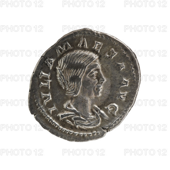 denarius, Elagabalus (204-222; Roman emperor 218-222), Julia Maesa (ca. 160-224; augusta 218-224), Julia Maesa (165-224), Pudicitia seated, Julia Maesa (164-224) - iconography, Pudicitia (personification), scepters, veils. Obv.: IVLIA SOAEMIAS A AVG Bust of Julia Soaemias right, pearl border. Rev.: PVIDICITIA Pudicitia seated facing left, holding a scepter in her left hand, raising her veil with her right hand, pearl border. Date: 218–222. Culture: Roman Empire (27 BC–476). Place: Rome. Object type: coin (denarius). Dimensions: dia. 19.8 mm, weight 2.75 g, axis 45°. Maker: Semerau-Siemianowski, Wladyslaw (1849–1938).