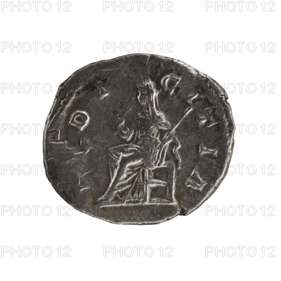 denarius, Elagabalus (204-222; Roman emperor 218-222), Julia Maesa (ca. 160-224; augusta 218-224), Julia Maesa (165-224), Pudicitia seated, Julia Maesa (164-224) - iconography, Pudicitia (personification), scepters, veils, Obv.: IVLIASOAEMIASAAVG Bust of Julia Soemii right, pearl border. Rev.: P·DICITIA Pudicitia seated facing left, holding a scepter in her left hand, raising her veil with her right hand, pearl border. 218–222. Roman Empire (27 BC–476). Rome. Coin: dia. 19.8 mm, weight 2.75 g, axis 45 degrees.