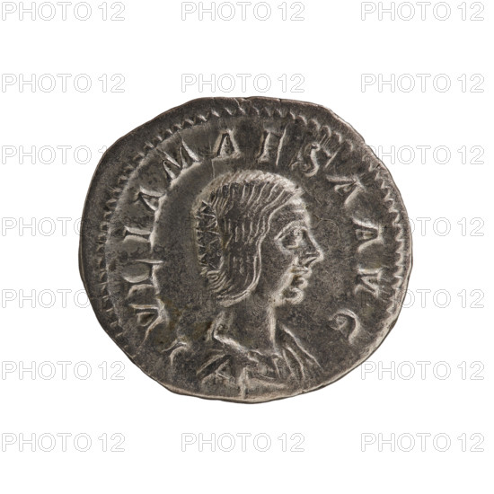 denarius, Elagabalus (204–222; Roman emperor 218–222), Julia Maesa (ca. 160–224; augusta 218–224), Julia Maesa (165–224), Julia Maesa (164–224) - iconography, caducei, Felicitas standing, Felicitas (personification), stars. Obv.: IVLIASOAEMIASAAVG Bust of Julia Soemii right, pearl border. Rev.: SAECVLI FELICITAS Felicitas stands facing left, in front of the altar with a long caduceus in her left hand; in the right field a star, pearl border. 218–222, Roman Empire (27 BC–476), Rome, coin; dia. 20.2 mm, weight 3.30 g, axis 0°.