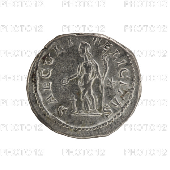 Denarius, Elagabalus (204–222; Roman emperor 218–222); Julia Maesa (ca. 160–224; Augusta 218–224). Obverse: IVLIA SOAE MIASA AVG — bust of Julia Soaemias right, pearl border. Reverse: SAECVLI FELICITAS — Felicitas standing facing left in front of an altar, holding a long caduceus in her left hand; star in right field, pearl border. Circa 218–222, Roman Empire (27 BC–476), Rome. Coin; diameter 20.2 mm, weight 3.30 g, axis 0°.