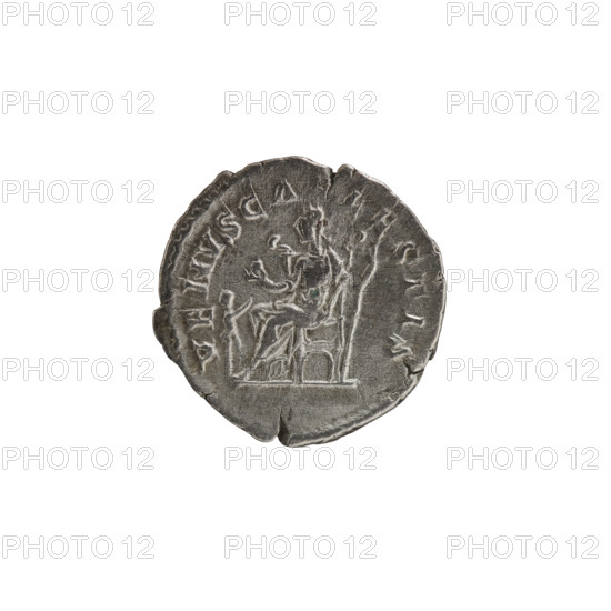 Denarius, Elagabalus (204–222; Roman emperor 218–222); issuer: Julia Soaemias (180–222; Augusta 218–222). Obv.: IVLIA SOEMIAS AVG — draped bust of Julia Soaemias facing right, rim pearl. Rev.: VENVS CAELESTIS — Venus seated on a throne facing left, holding an apple in her right hand and a scepter in her left; at her feet stands a child with outstretched arms; pearl border. Iconography: Seated Venus; attributes: apples, scepters. Date: 218–222. Roman Empire (27 BC–476), Rome. Coin: diameter 19.7 mm, weight 2.57 g, axis 0°.