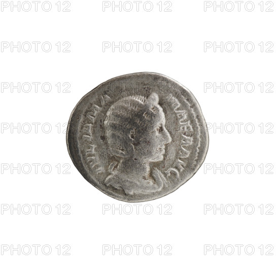 Denarius, Alexander Severus (208–235, Roman emperor 222–235); issuer: Julia Mamaea (ca. 180–235; Augusta 222–235). Obverse: Bust of Julia Mamaea right, legend 'IVLIA MA MAEA AVG'. Reverse: Felicitas personified, supported on a column, standing before caducei, legend 'FELICITAS PVBLICA'. Coin; Roman Empire, 222–235. Diameter 20.0 mm; weight 2.77 g; axis 180°.