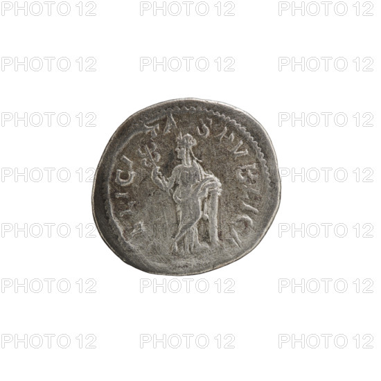 Denarius, Alexander Severus (208–235; Roman emperor 222–235), issuer; Julia Mamaea (c.180–235; Augusta 222–235) depicted. Obverse: IVLIA MA MAEA AVG — bust of Julia Mamaea facing right. Reverse: FELICITAS PVBLICA — Felicitas, supported on a column, stands in front of caducei to the right, holding caduceus. Iconography: caducei, columns, personifications. Roman Empire, 222–235. Coin; diameter 20.0 mm; weight 2.77 g; axis 180 degrees.