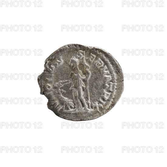 Denarius of Alexander Severus (reigned 222–235). Obverse: IVLIA MAMAEA AVG — bust of Julia Mamaea facing right. Reverse: IVNO CON SERVATRIX — Juno standing facing left, holding a patera in her right hand and a scepter in her left; at her feet, pav. Date: 222–235. Roman Empire. Rome. Coin; diameter 18.5–21.0 mm, weight 2.95 g, axis 180 degrees. Subjects: Julia Mamaea, Juno; iconography includes sceptres and paterae; mythology; issuer Alexander Severus.