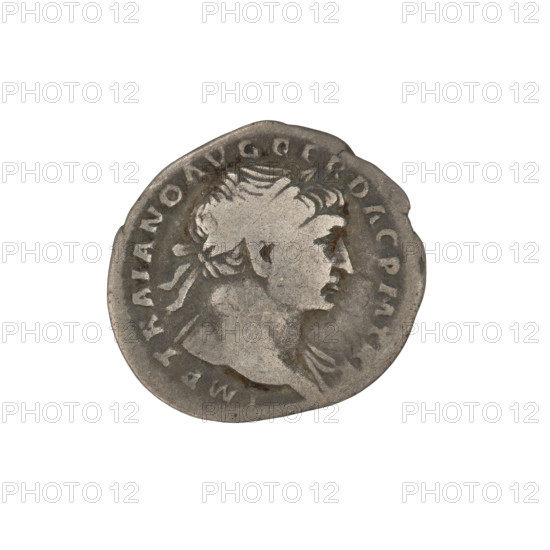 Denarius; Obv.: head of Trajan wearing a laurel wreath facing right; rim inscription: IMP TRAIANO AVG GER DAC PM TR P. Rev.: Fortuna standing left, wearing a long draped dress, right hand outstretched holding a rudder attached to a prow, left hand holding a cornucopia; rim inscription: COS VPP SPQR OPTIMO PRINC. Iconography: laurel wreaths, Fortuna (personification) with horns of plenty, rudders, heads. Date: 103–111 CE, Rome, Roman Empire. Medium: coin. Diameter: 18.7–19.0 mm. Weight: 3.07 g. Axis: 180°.