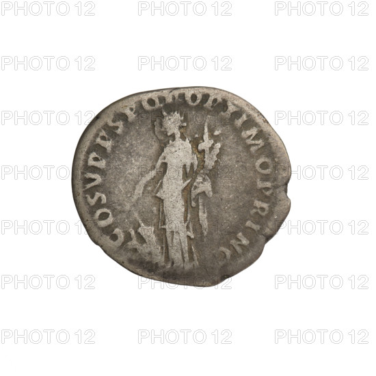 Denarius; Obv.: head of Trajan with laurel wreath facing right; rim inscription: IMP TRAIANO AVG GER DAC PM TR P. Rev.: Fortuna standing left, wearing a long draped dress, right hand outstretched holding a rudder attached to a prow, left hand holding a horn of plenty; rim inscription: COS VP P SPQR OPTIMO PRINC. Iconography: laurel wreaths, Fortuna (personification), horns of plenty, rudders. Date: 103–111 AD, Rome, Roman Empire. Medium: coin; diameter 18.7–19.0 mm; weight 3.07 g; axis 180°.