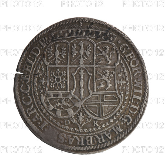 Posthumous portrait, Koch, Daniel (fl. 1645–1676). Commemorative coin for George William Hohenzollern (Elector of Brandenburg; Duke of Prussia; died 1640). Obverse: under the ducal mitre a nine-field coat of arms; at the bottom the letters D - K divided by a shield. On the rim between the rims an inscription divided by the mitre, beginning with a rosette, ending with the mint master's mark GEOR:WIL:D:G:MAR:BRA:S:, :I:ARC:E, EL:D:P. Reverse: in the border an inscription in six lines NAT./CI)I)XCV/RER.POTIT./CI) I)CXIX/EXCESSIT./CI)I)CXL, 1640. Ducal Prussia (1525–1701), Königsberg. Coin: diameter 31.8 mm; weight 7.11 g; axis 180°.