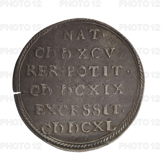 Posthumous portrait of George William Hohenzollern (Elector of Brandenburg; Duke of Prussia; 1620–1640), commemorative coin by Daniel Koch (fl. 1645–1676). Obverse: beneath the ducal mitre a nine-field coat of arms; at the bottom the letters D - K divided by a shield. On the rim between the fields an inscription divided by the mitre, beginning with a rosette and ending with the mint master's mark GEOR:WIL:D:G:MAR:BRA:S:, :I:ARC:E, EL:D:P. Reverse: in the border an inscription in six lines NAT./CI)I)XCV/RER.POTIT./CI) I)CXIX/EXCESSIT./CI)I)CXL, 1640. Ducal Prussia (1525–1701), Königsberg. Coin, diameter 31.8 mm; weight 7.11 g; axis 180°.