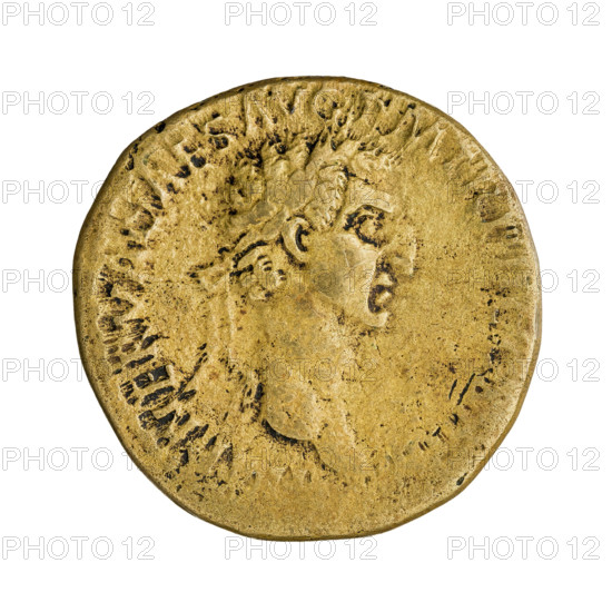 sestertius, Nerva (Roman Emperor; 96–98), obverse inscribed 'P NERVA CAES AVG PM TR P II COS III', Nerva's head in a laurel wreath facing right; reverse inscribed 'FORTVNA AVGVST', Fortuna standing facing left, holding a rudder in her right hand and a cornucopia (horn of plenty) in her left, flanked by 'SC'; date 97, Rome, Roman Empire (27 BC–476), coin, diameter 32.4 mm, weight 26.94 g, axis 180 degrees