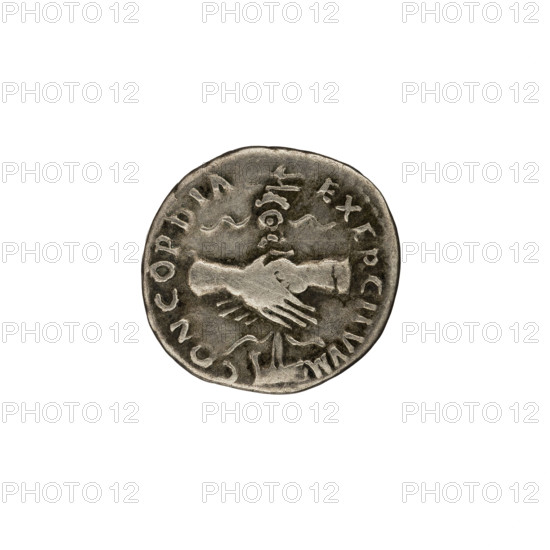 Denarius, Nerva (30–98; Roman Emperor 96–98). Obverse: Nerva’s head right, wearing laurel wreath; inscription RVA CAES AVG PM TR P COS III PP. Reverse: CONCORDIA EXERCITVVM; hands clasped together hold a legionary eagle standing on the prow of a ship. Roman, 97, Rome, Roman Empire (27 BC–476). Coin; diameter 17.5–17.8 mm, weight 3.38 g, axis 180°.