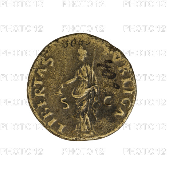 Dupondius, Nerva (Roman Emperor, 96–98). Obverse: IMP NERVA CAES AVG PM TR P II COS III PP — Nerva's head right, wearing a radiant crown. Reverse: LIBERTAS VBLICA — Libertas standing facing left, holding a pileus in her right hand and a scepter in her left; mintmark SC on both sides, date 97. Roman Empire (27 BC–476), Rome. Coin; diameter ~27.5–27.7 mm, weight 10.35 g, axis 180°.