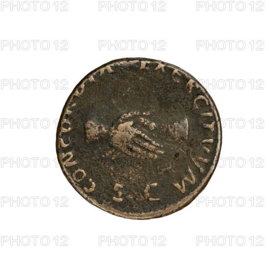 Nerva (Roman Emperor; 96–98) — iconography: laurel wreath, hands. Obverse: IMP NERVA CAES, PM TR P COS III PP — Nerva's head at right in a laurel wreath. Reverse: CONCOR, RCITVVM — hands clasped; below SC. Date: 97. Roman Empire (27 BC–476). Coin; diameter ~26.0–26.2 mm, weight 10.60 g, axis 180°.