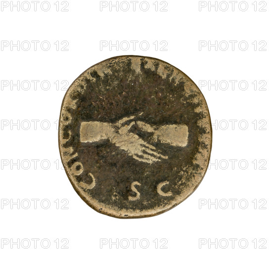 Nerva (Roman Emperor; 96–98). Laureate head of Nerva right. Obv. legend: IMP NER... GPM TR P COS III PP. Reverse: CONCORDIA EXERCITVVM; clasped hands; below SC; date 97. Roman Imperial coin, Rome; diameter 25.0 mm; weight 8.84 g; axis 180°. Maker: Wladyslaw Semerau-Siemianowski (1849–1938) noted for related iconography.