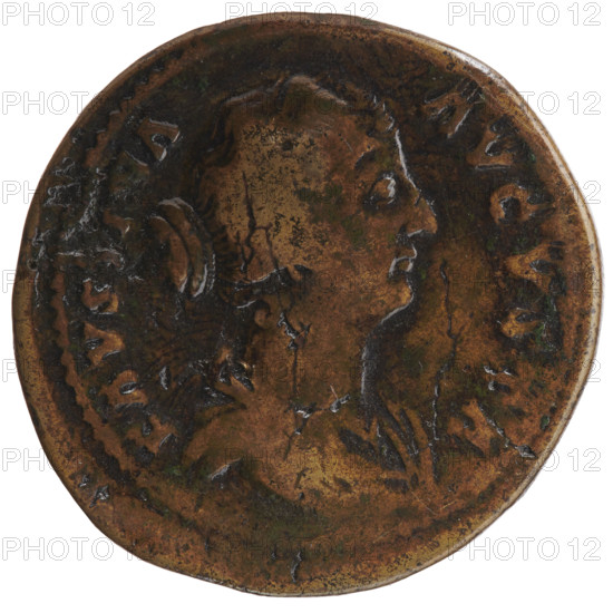 Sestertius of Faustina the Younger (ca. 130–176; Roman empress 161–176), issued under Marcus Aurelius (121–180; Roman emperor 161–180). Obverse: bust of Faustina II in drapery facing right, inscribed FAVSTINA · AVGVSTA. Reverse: Faustina as Fecunditas stands frontally, turns her head left, holds two infants in her arms; four children stand at her sides (two on each side), inscribed TEMPO · LIC in SC fields. Roman Empire, 161–176. Coin (Rome), diameter c. 33.5–34.5 mm, weight 22.1 g, axis 180°.