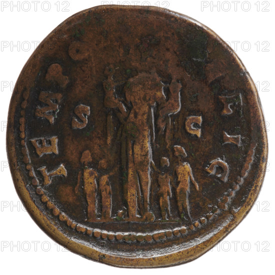 Sestertius of Faustina the Younger (ca. 130–176; Roman empress 161–176) issued under Marcus Aurelius (121–180; Roman emperor 161–180). Obverse: Bust of Faustina II in drapery facing right, legend FAVSTINA·AVGVSTA. Reverse: Faustina as Fecunditas stands frontally, turns her head left, holds two infants in her arms; four children stand at her sides (two on each side); legend TEMPO·LIC in SC fields. Date: 161–176, Roman Empire (27 BC–476), Rome. Coin: sestertius; weight 22.10 g; diameter ca. 33.5–34.5 mm; axis 180°.