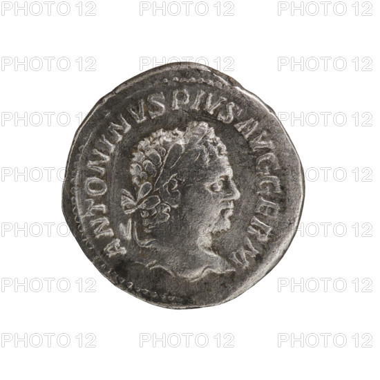 Denarius, Caracalla (188–217 CE). Obverse: ANTONINVS PIVS AVG GERM — Head of Caracalla with a laurel wreath facing right, pearl border. Reverse: PM TR P X VII COS IIII P P — Naked Jupiter with a cloak on his left shoulder stands facing left, holding a thunderbolt in his right hand and a scepter in his left; an eagle at his feet, pearl border. Date: 214 CE. Roman Empire (27 BCE–476 CE), Rome. Coin. Diameter 18.5–19.0 mm, weight 2.90 g, axis 0°.